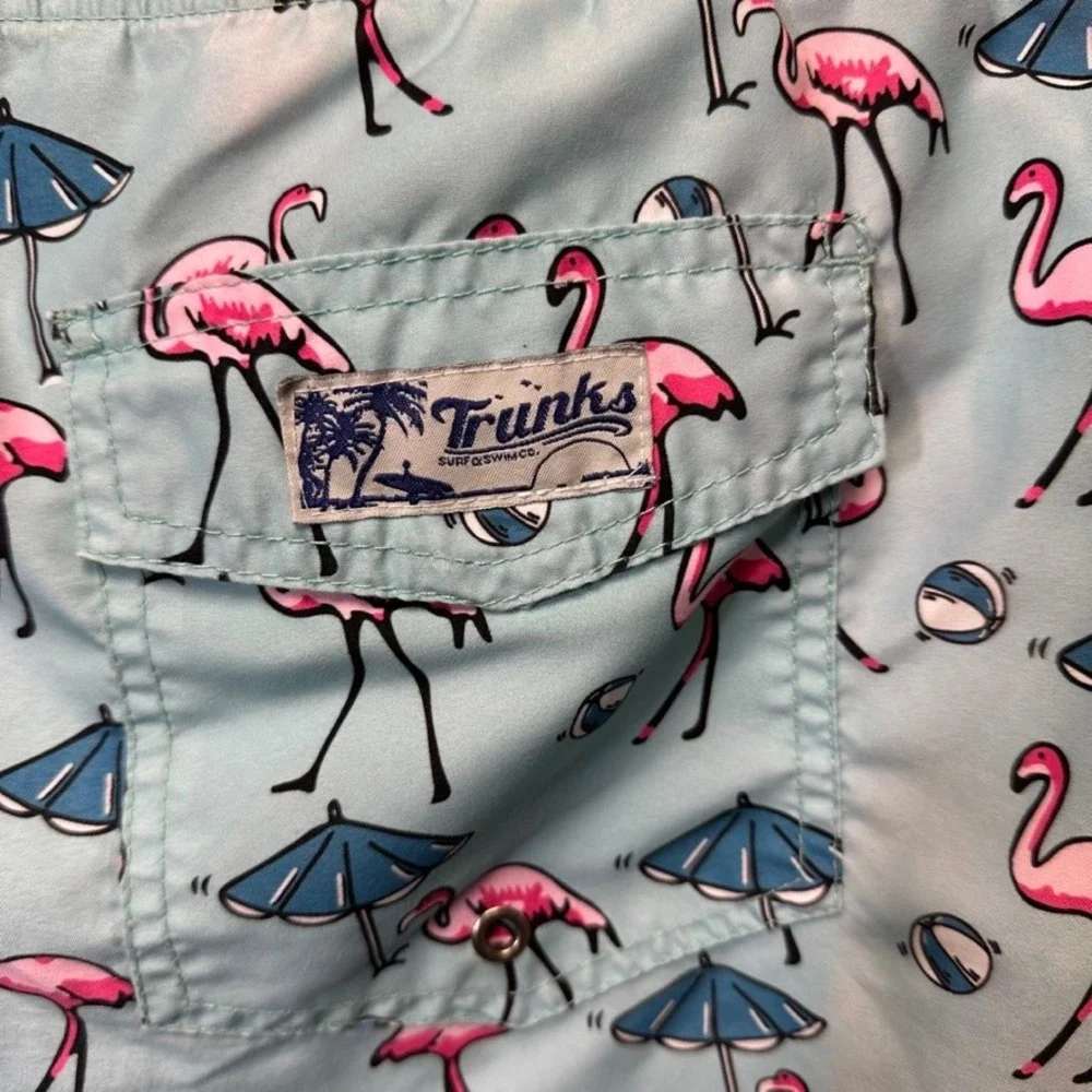 Trunks Surf & Swim Co Mens XL Swim Trunks Aqua Blue Pink Flamingo Beach Print